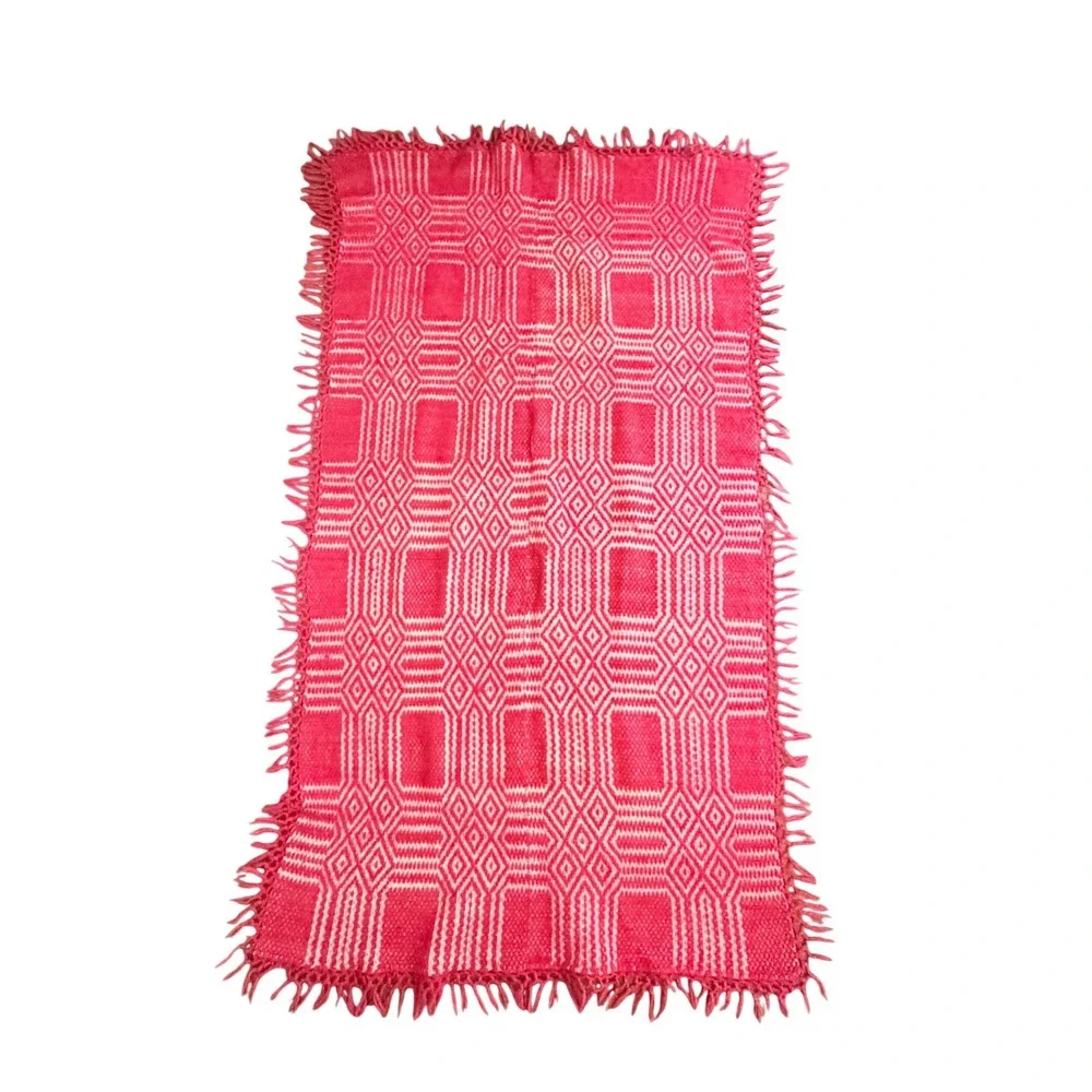 Vintage‎ Greek Wool Karameloti Woven Red  Blanket Hand Loomed Textile Boho Throw
